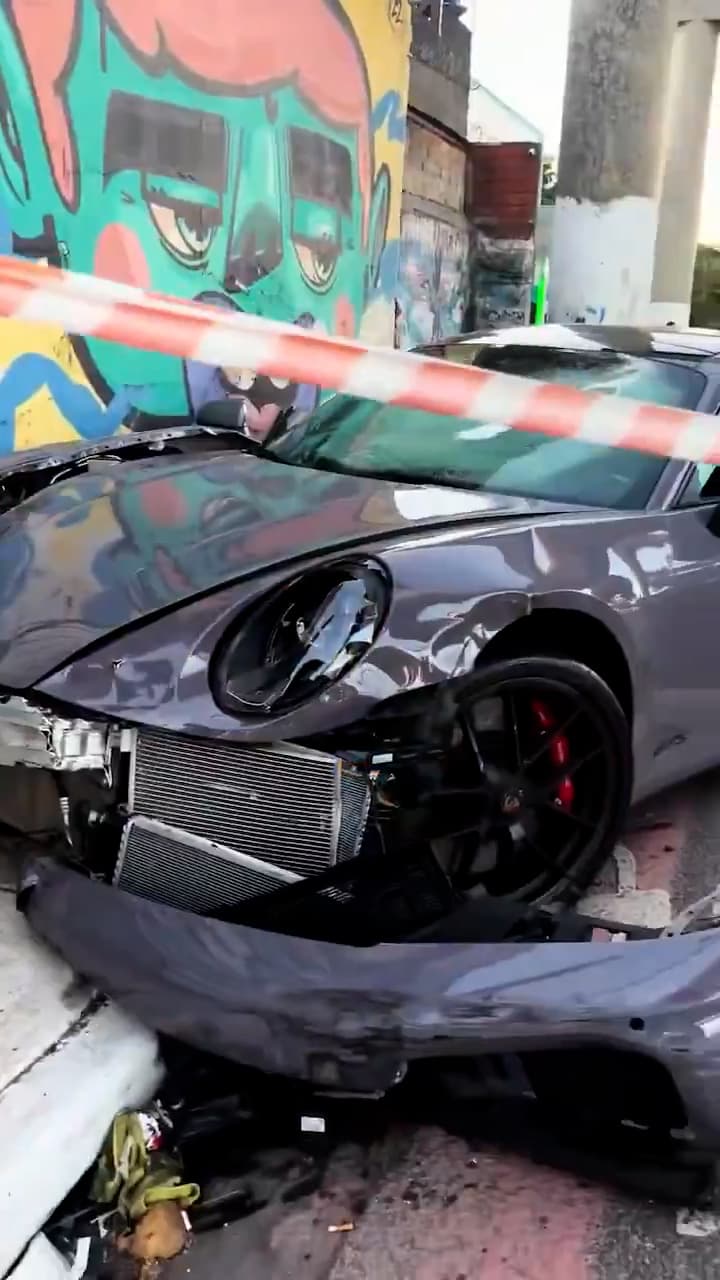 Video shows the crashed Porsche in Sao Paulo, Brazil, undated. Fabio Giga lost control of the vehicle. Note: Photo is a screenshot from a video. (Newsflash/NX)