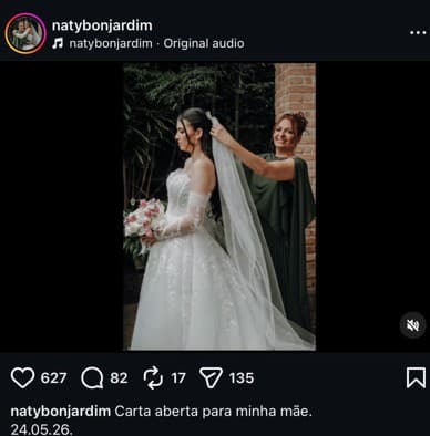 Picture shows Natalia Bonjardim, 32, with her mother Dilvanize Bonjardim, 60, on her wedding day, May 24, 2026, in Sao Paulo, Brazil. The mother died the same day after the wedding. Note: Picture is a screenshot from post. (Newsflash/NX)