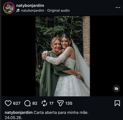 Picture shows Natalia Bonjardim, 32, with her mother Dilvanize Bonjardim, 60, on her wedding day, May 24, 2026, in Sao Paulo, Brazil. The mother died the same day after the wedding. Note: Picture is a screenshot from post. (Newsflash/NX)