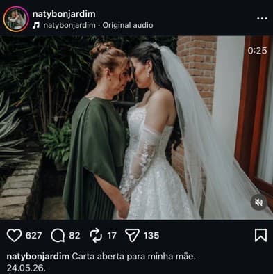 Picture shows Natalia Bonjardim, 32, with her mother Dilvanize Bonjardim, 60, on her wedding day, May 24, 2026, in Sao Paulo, Brazil. The mother died the same day after the wedding. Note: Picture is a screenshot from post. (Newsflash/NX)