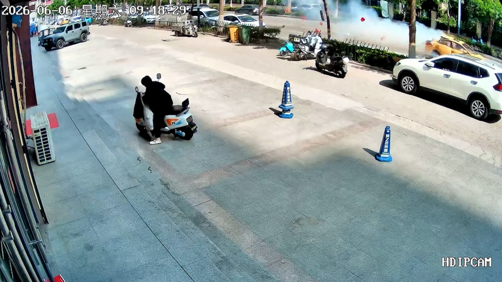 A car explodes while driving on June 6, 2026, in Suixi County, China. The vehicle was converted from gasoline to natural gas and was in good driving condition at the time of the incident. Note: Photo is a screenshot from a video. (AsiaWire/NX)