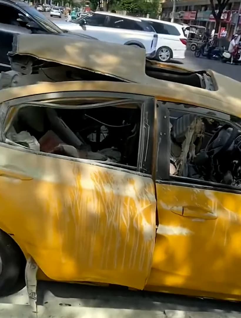 Picture shows the car after the accident. The car exploded while driving on June 6, 2026, in Suixi County, China. Note: Photo is a screenshot from a video. (AsiaWire/NX)