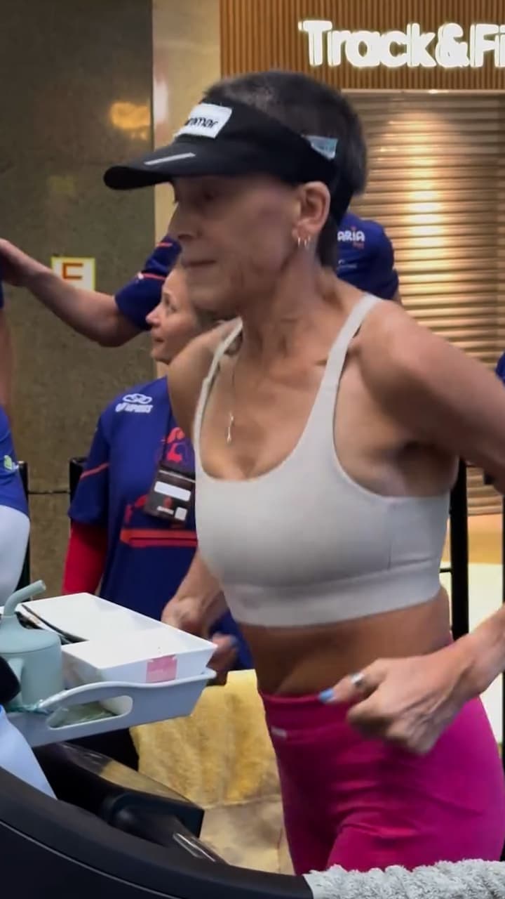 Ultramarathon runner Debora Simas breaks world treadmill running record in Florianopolis, Brazil, Aug. 9, 2026. Note: Photo is a screenshot from a video. (@ultra_deby/Newsflash/NX)